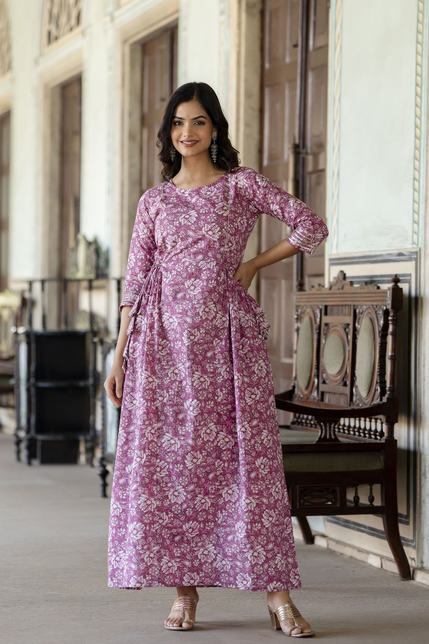 Women Pink Printed Flared Dress With Three Quarter Sleeves | LASVINI - Redefining Indian Fashion with Elegance