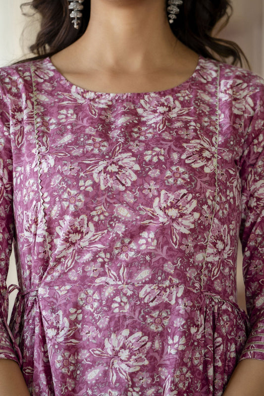 Women Pink Printed Flared Dress With Three Quarter Sleeves | LASVINI - Redefining Indian Fashion with Elegance