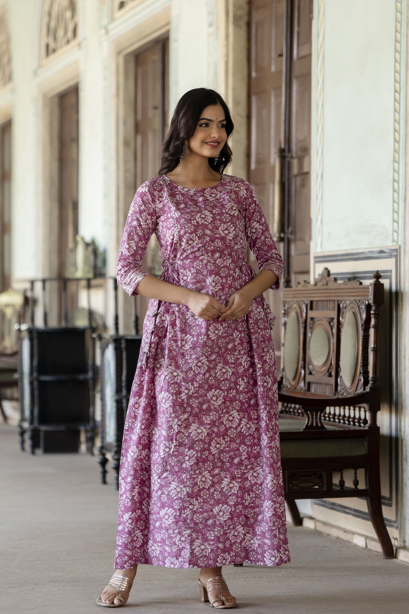 Women Pink Printed Flared Dress With Three Quarter Sleeves | LASVINI - Redefining Indian Fashion with Elegance