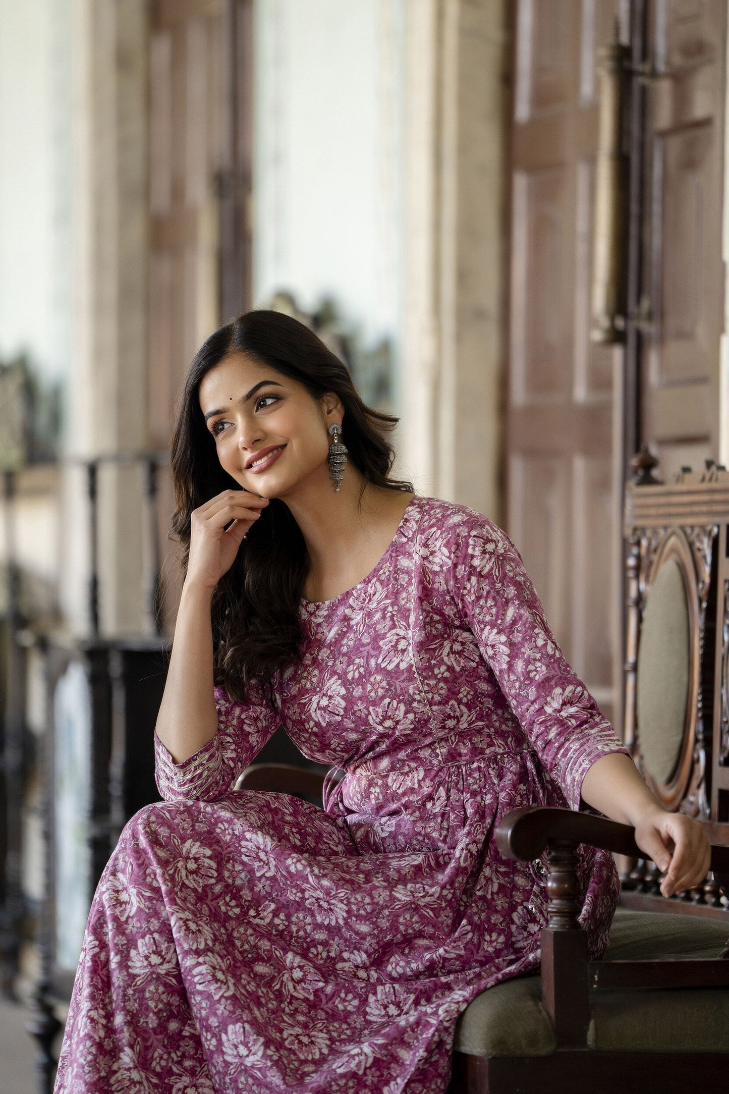 Women Pink Printed Flared Dress With Three Quarter Sleeves | LASVINI - Redefining Indian Fashion with Elegance