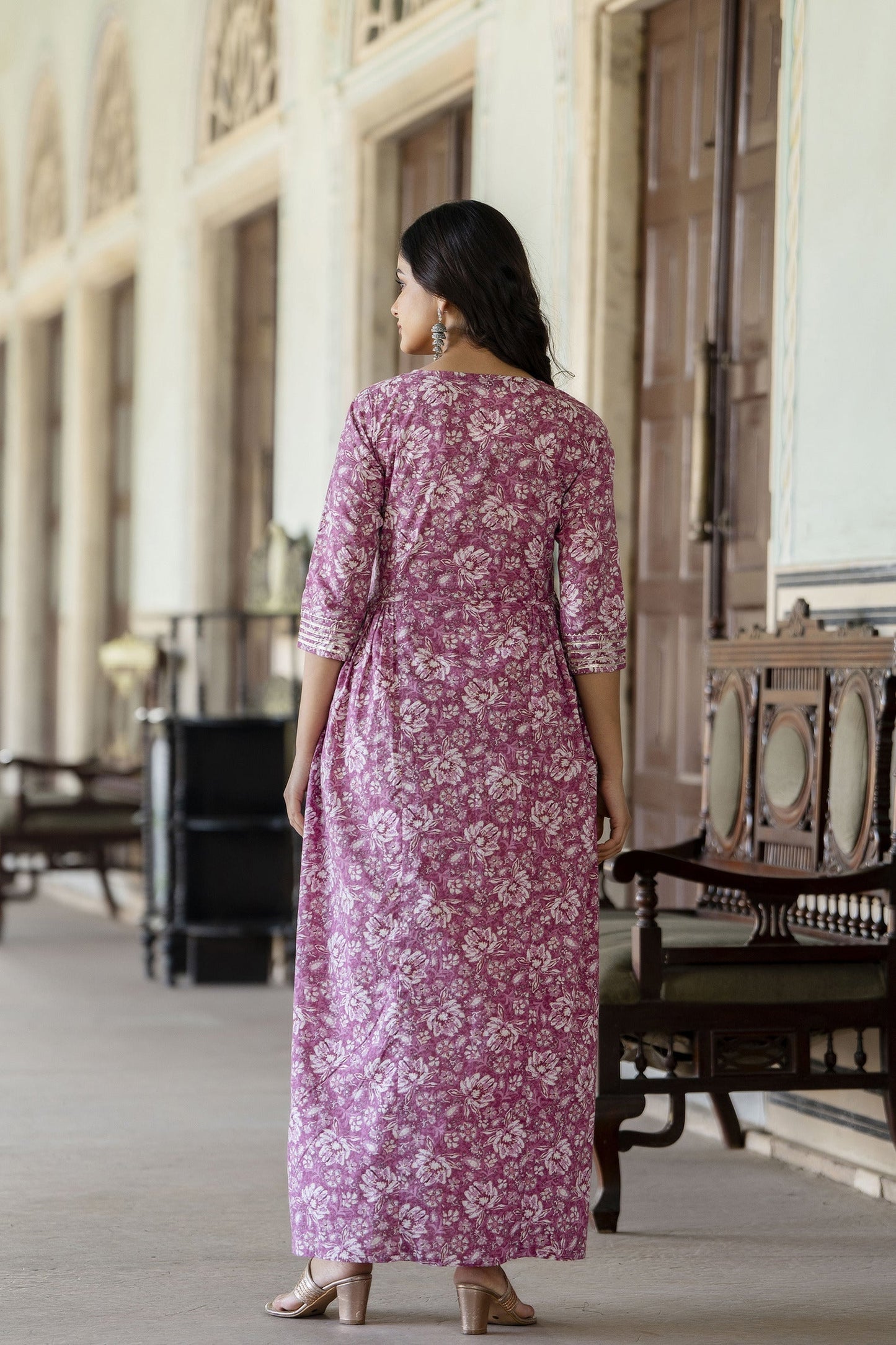 Women Pink Printed Flared Dress With Three Quarter Sleeves | LASVINI - Redefining Indian Fashion with Elegance