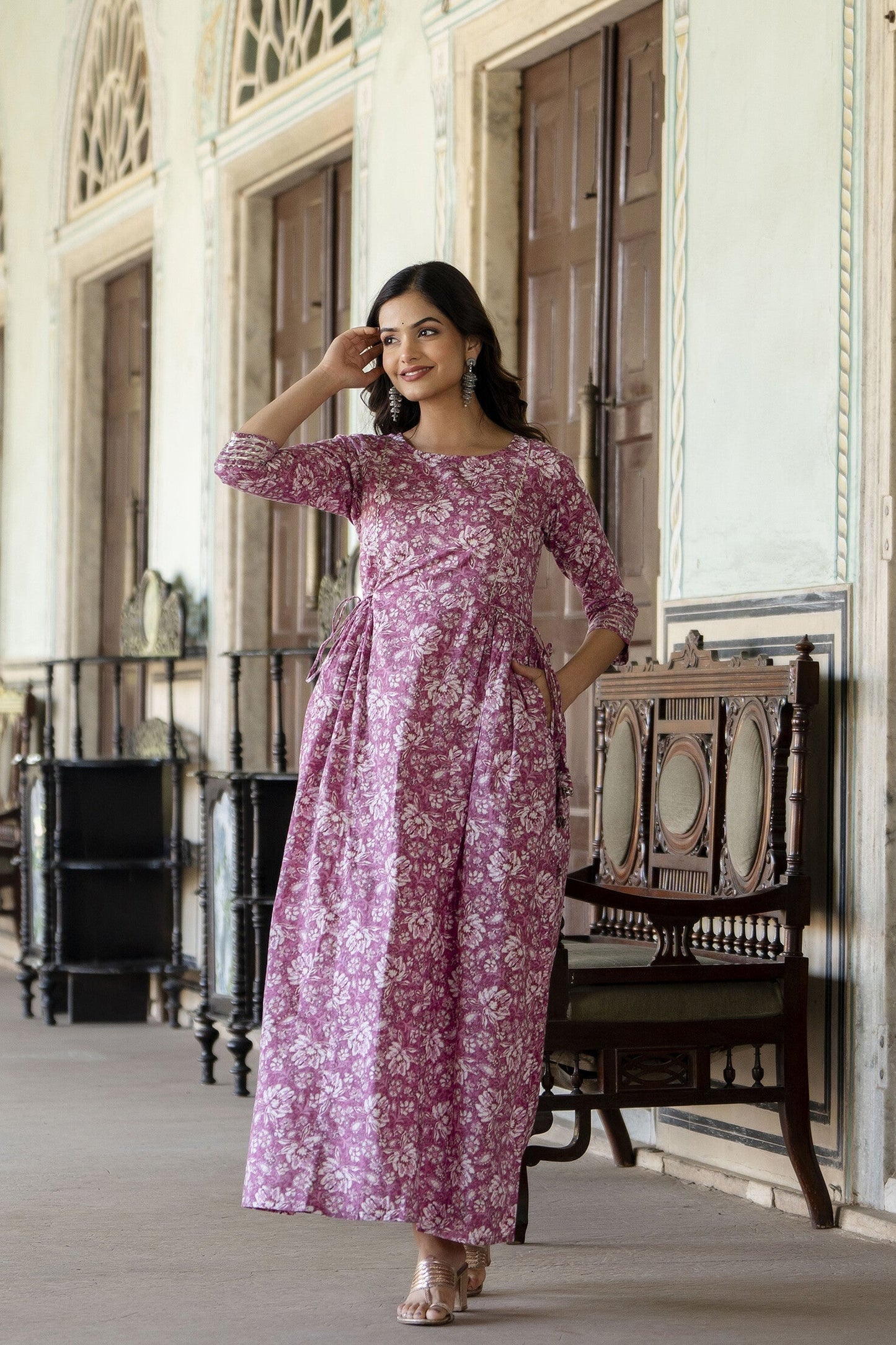 Women Pink Printed Flared Dress With Three Quarter Sleeves | LASVINI - Redefining Indian Fashion with Elegance