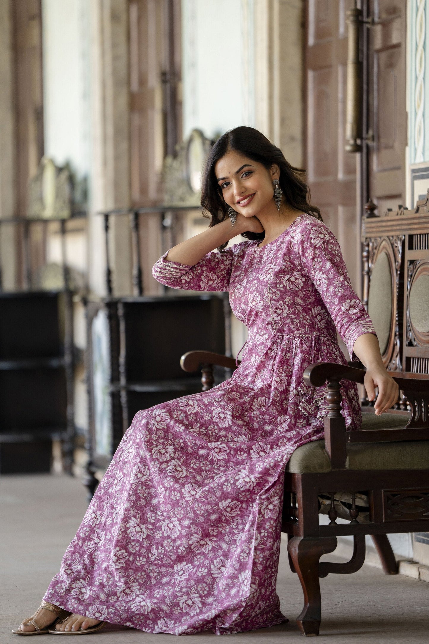 Women Pink Printed Flared Dress With Three Quarter Sleeves | LASVINI - Redefining Indian Fashion with Elegance