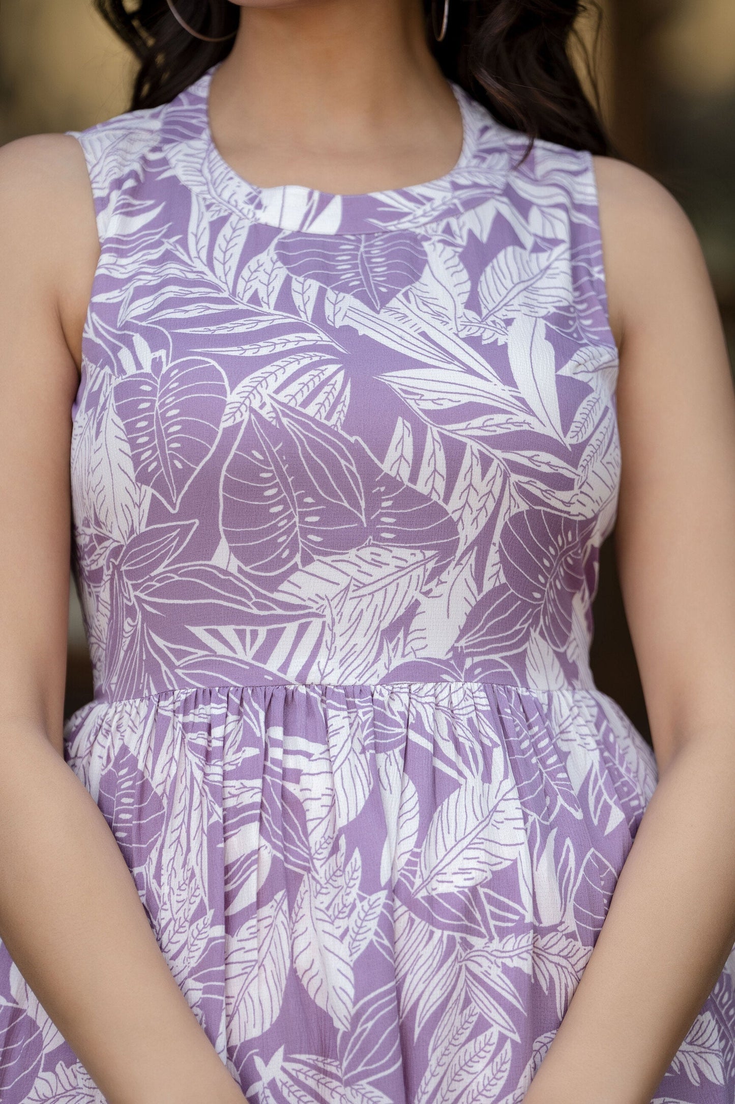Women Purple Abstract Printed Sleeveless Midi Dress | LASVINI - Redefining Indian Fashion with Elegance