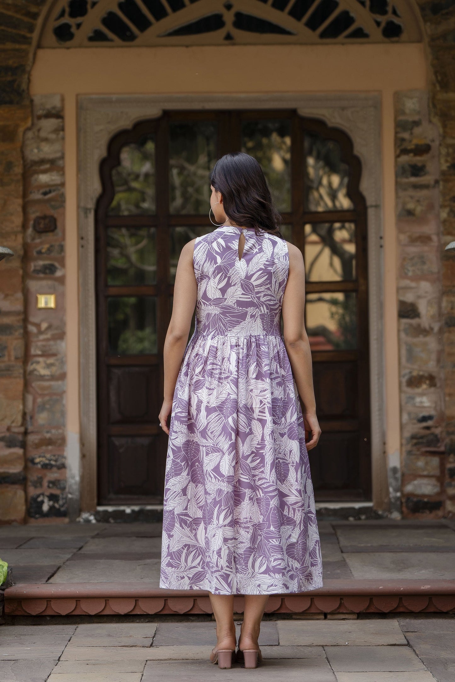 Women Purple Abstract Printed Sleeveless Midi Dress | LASVINI - Redefining Indian Fashion with Elegance