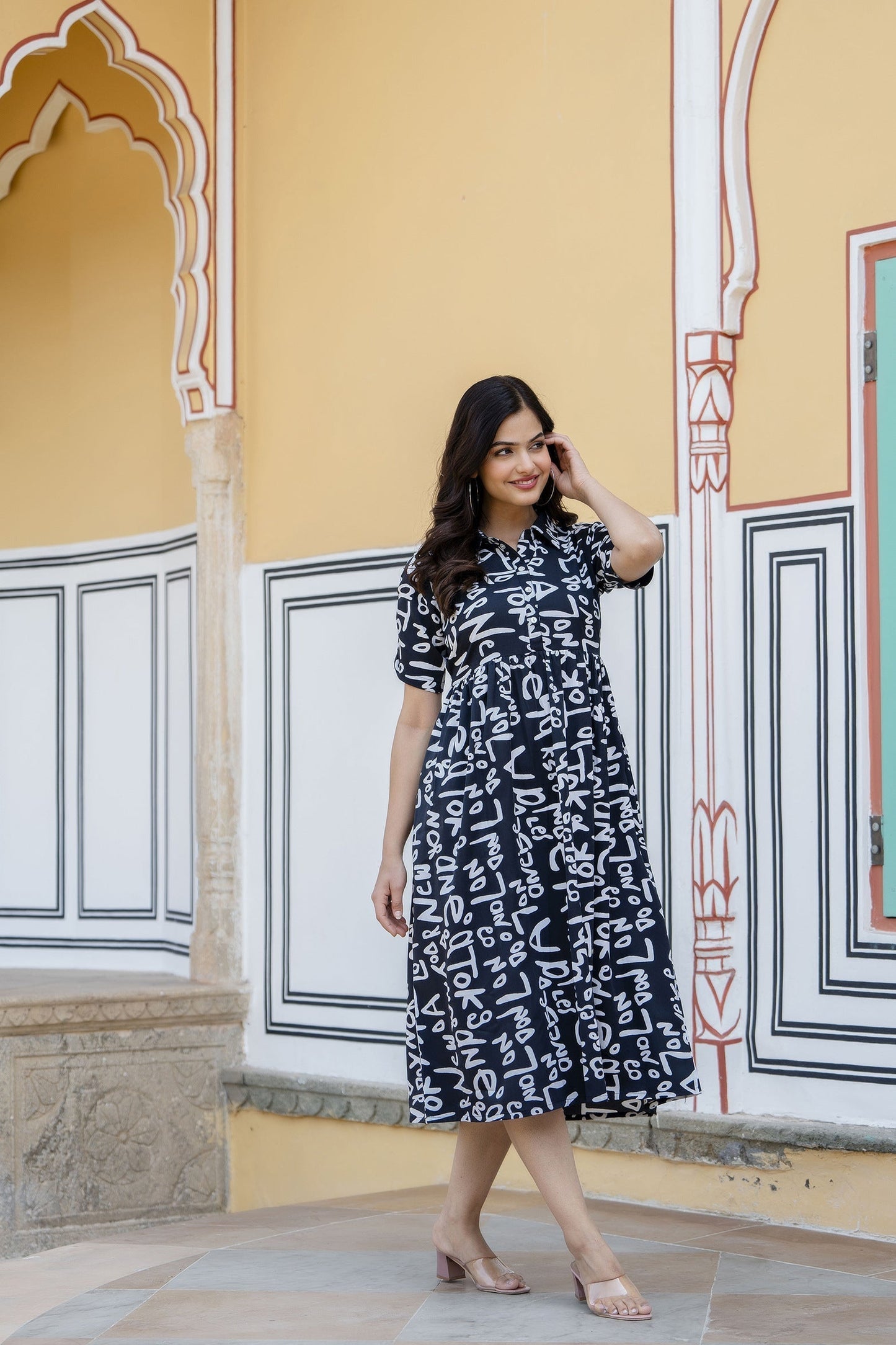 Women Black Abstract Printed Midi Dress | LASVINI - Redefining Indian Fashion with Elegance