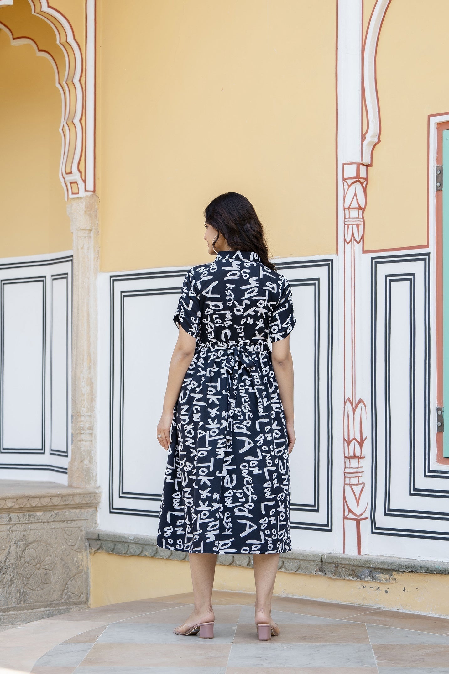 Women Black Abstract Printed Midi Dress | LASVINI - Redefining Indian Fashion with Elegance