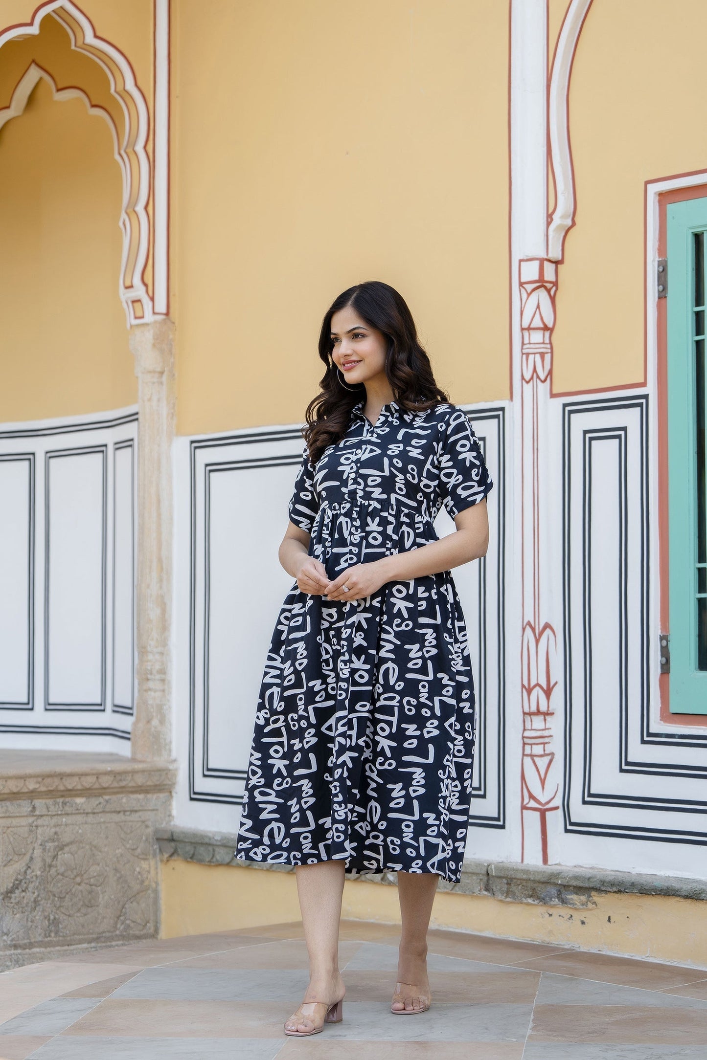 Women Black Abstract Printed Midi Dress | LASVINI - Redefining Indian Fashion with Elegance