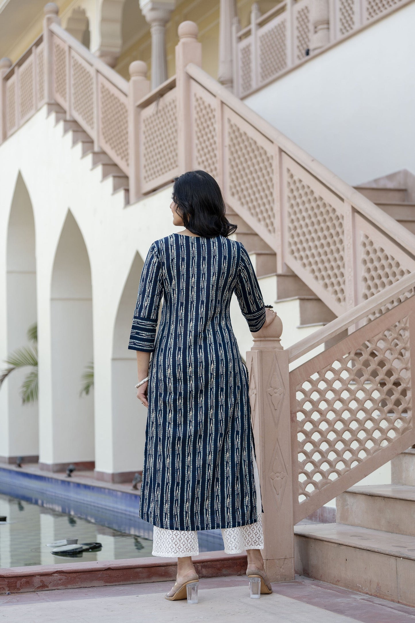 Women Blue Printed Straight Kurta With Three Quarter Sleeves | LASVINI - Redefining Indian Fashion with Elegance