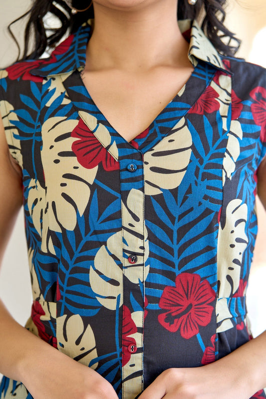 Women Black Abstract Printed Sleeveless A-Line Dress | LASVINI - Redefining Indian Fashion with Elegance