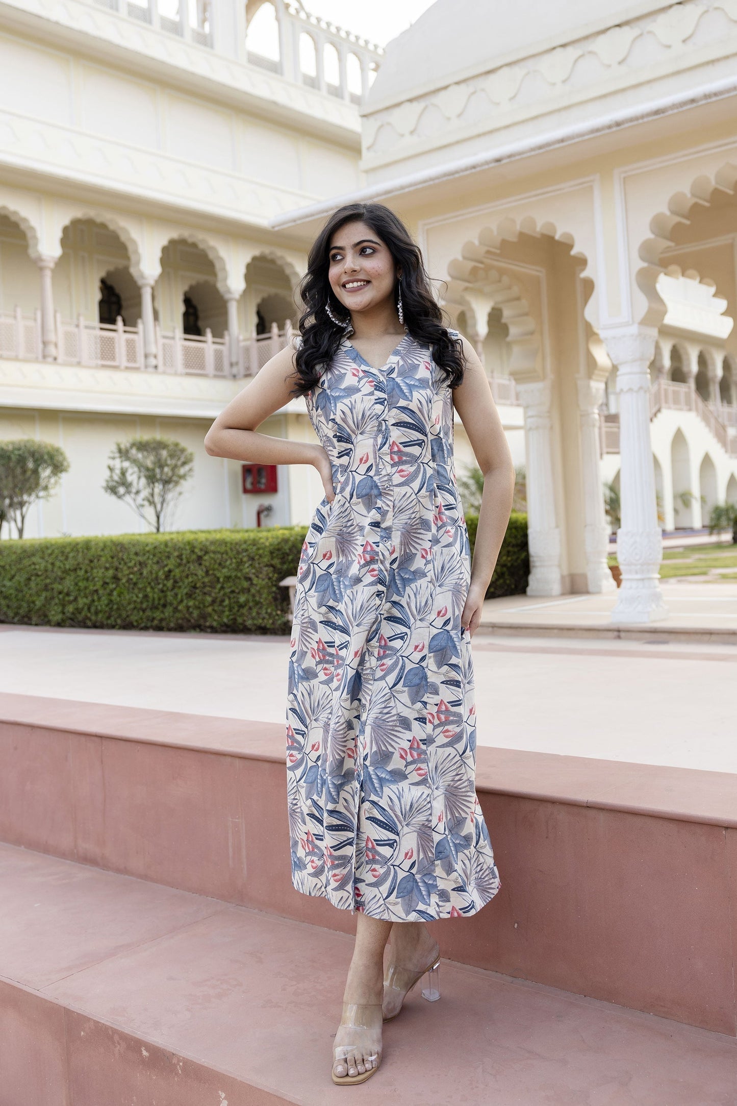 Women Off White Abstract Printed Sleeveless Midi Dress | LASVINI - Redefining Indian Fashion with Elegance