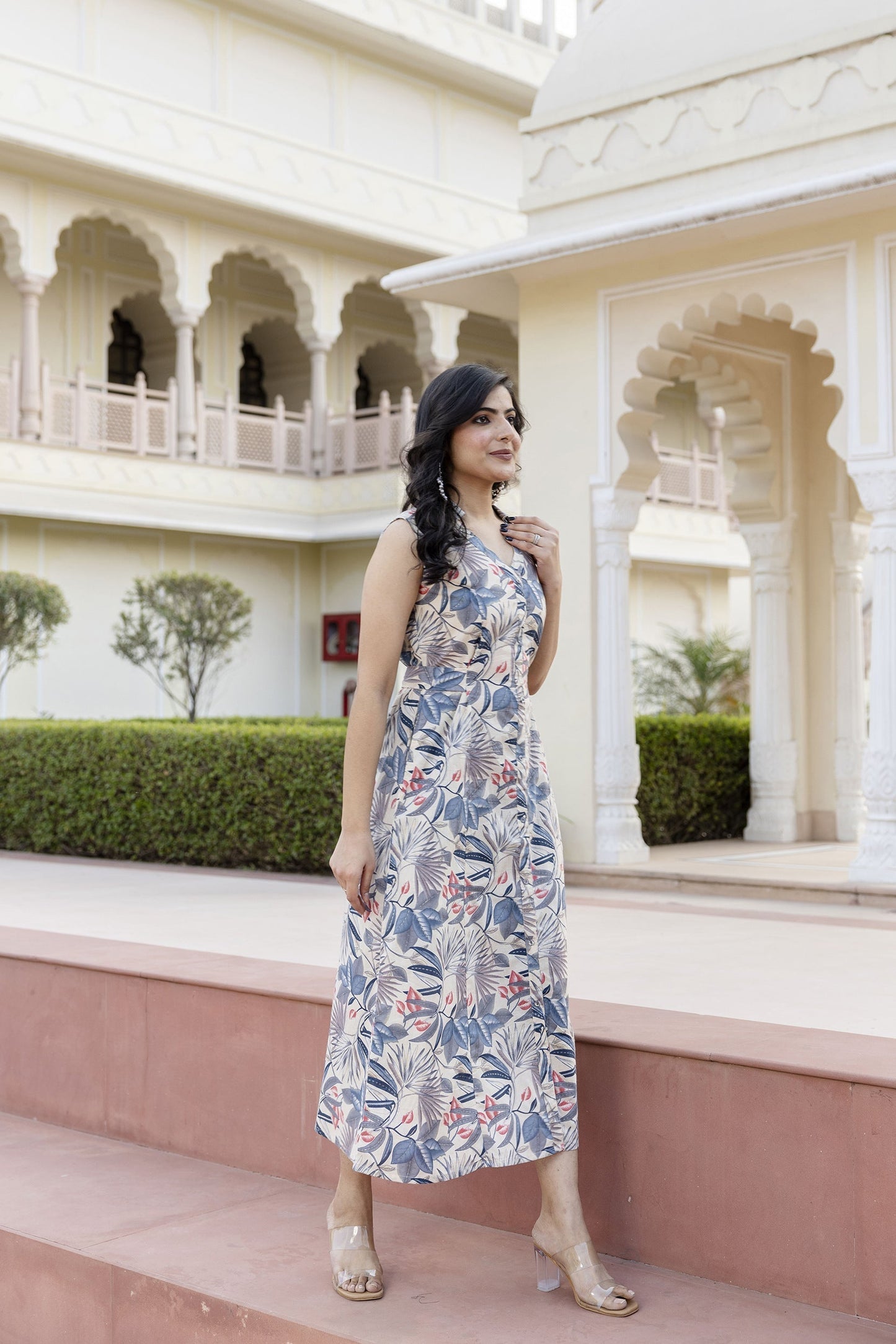 Women Off White Abstract Printed Sleeveless Midi Dress | LASVINI - Redefining Indian Fashion with Elegance