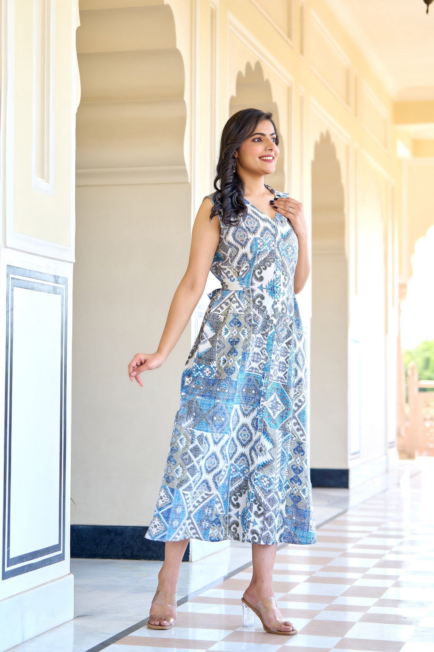 Women Off White Abstract Printed Sleeveless Midi Dress | LASVINI - Redefining Indian Fashion with Elegance