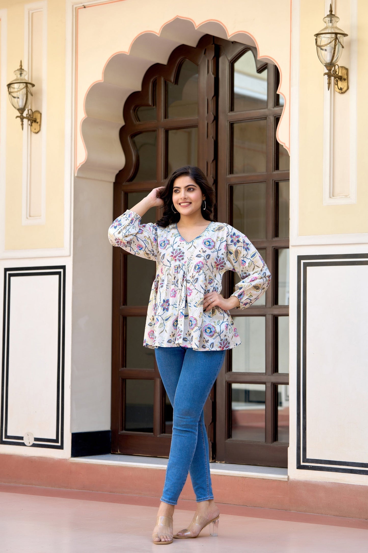 Women Off-White Printed V-Neck Peplum Tunic | LASVINI - Redefining Indian Fashion with Elegance