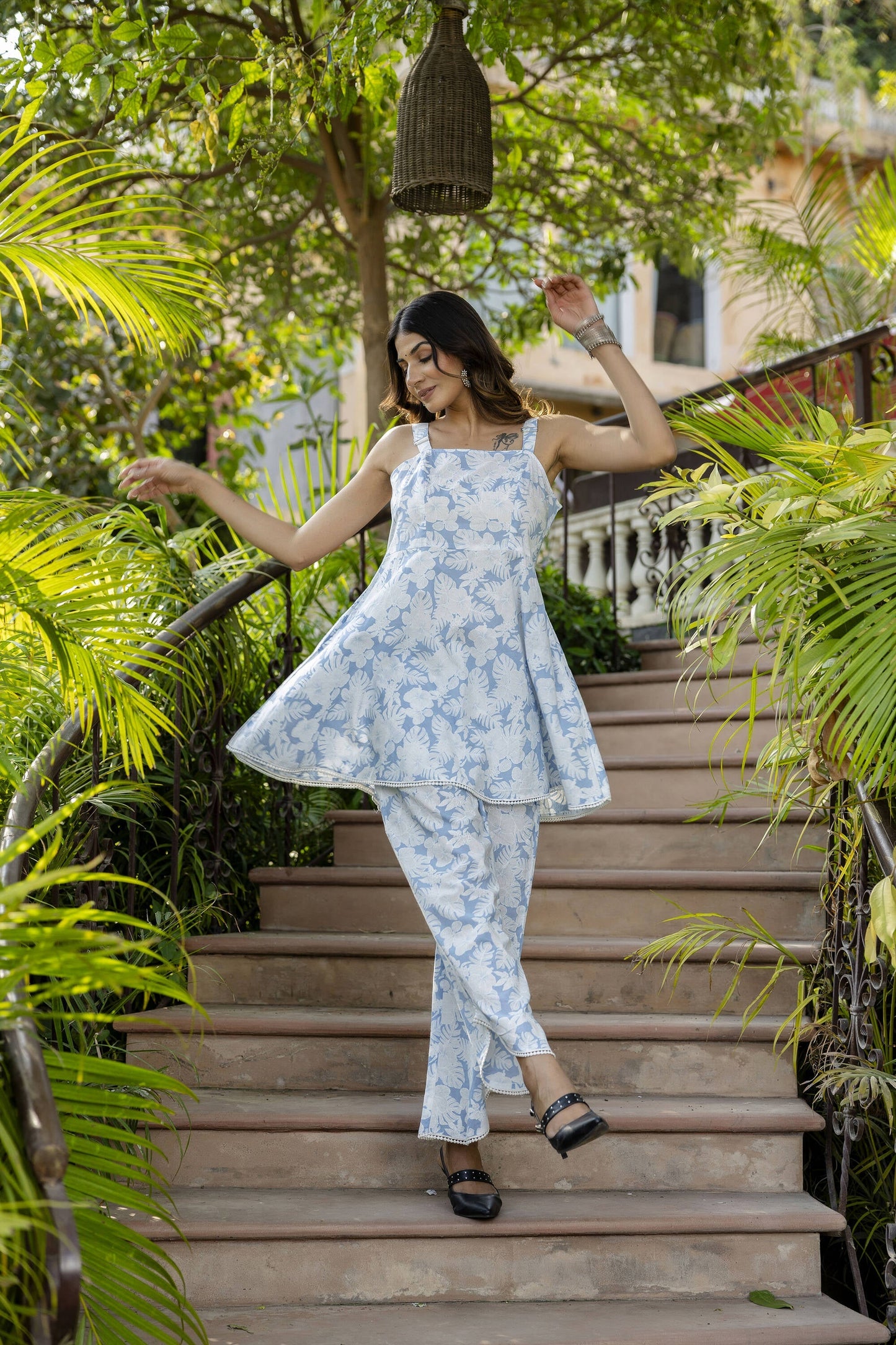 Women Blue Abstract Printed Peplum Top With Pant | LASVINI - Redefining Indian Fashion with Elegance