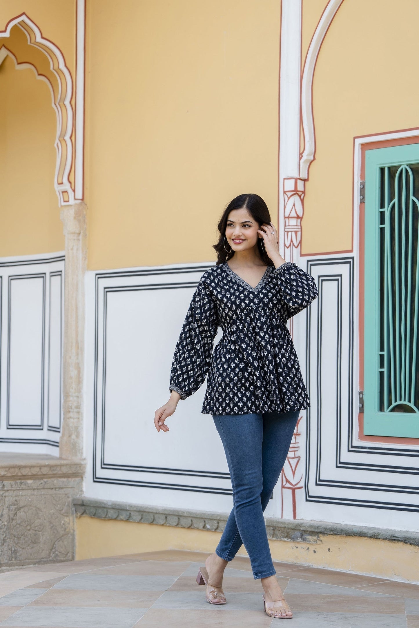 Women Black Printed V-Neck Peplum Tunic | LASVINI - Redefining Indian Fashion with Elegance