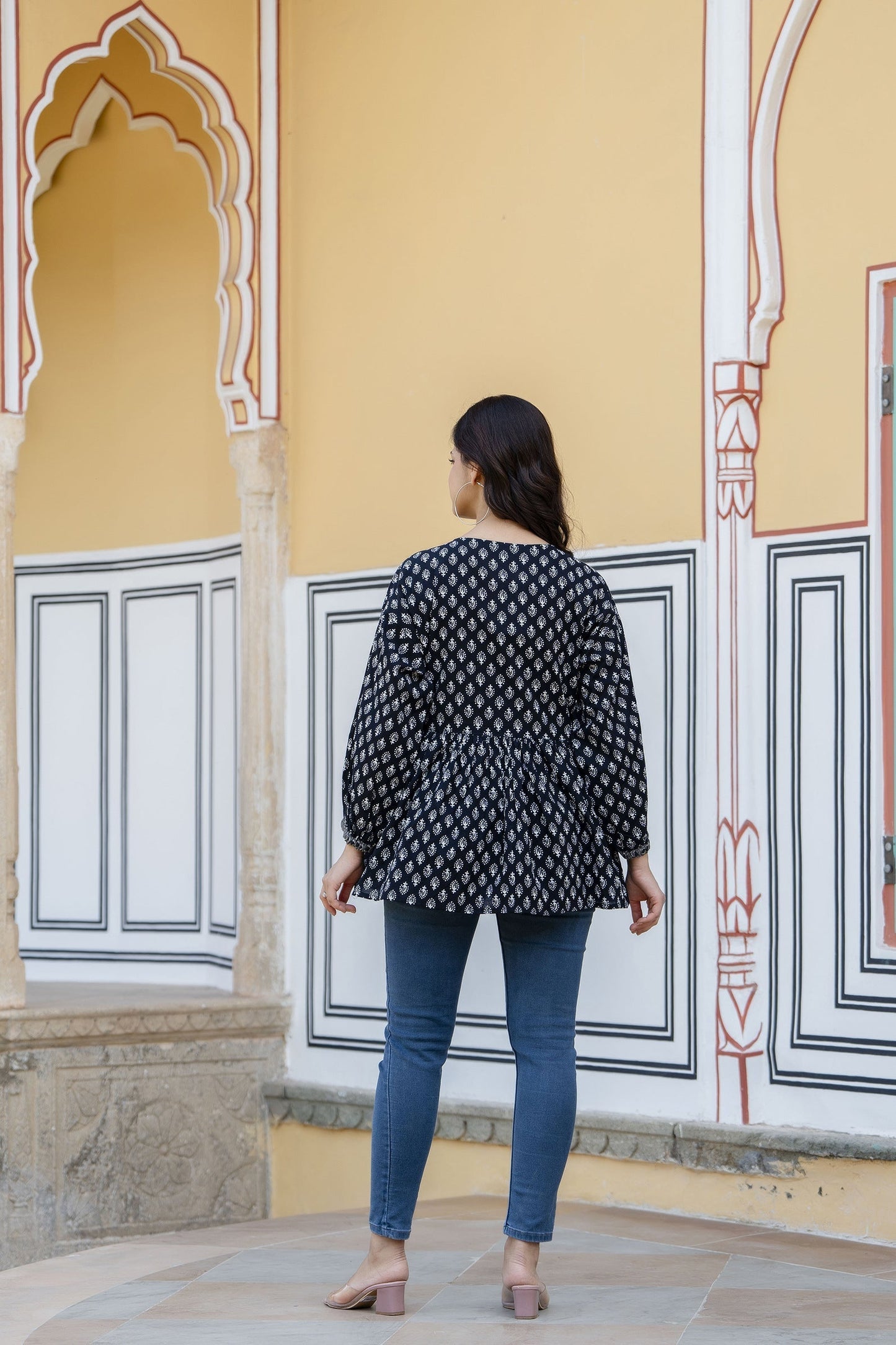 Women Black Printed V-Neck Peplum Tunic | LASVINI - Redefining Indian Fashion with Elegance
