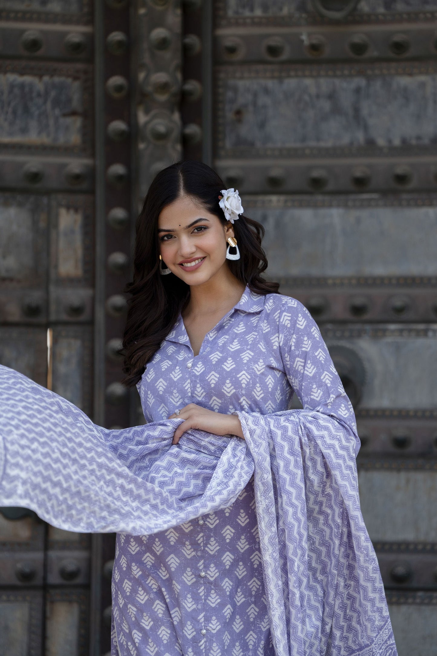 Women Purple Printed Straight Kurta And Trouser With Dupatta | LASVINI - Redefining Indian Fashion with Elegance