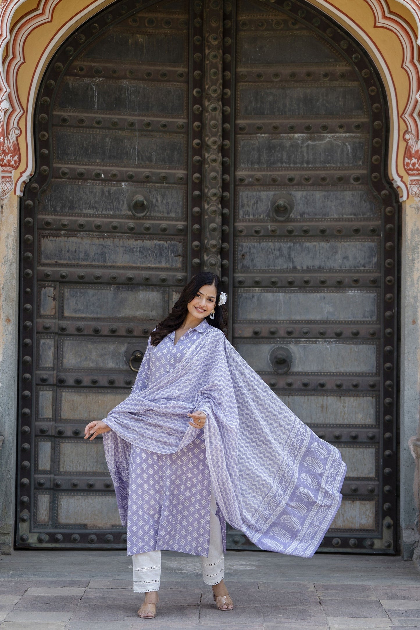 Women Purple Printed Straight Kurta And Trouser With Dupatta | LASVINI - Redefining Indian Fashion with Elegance