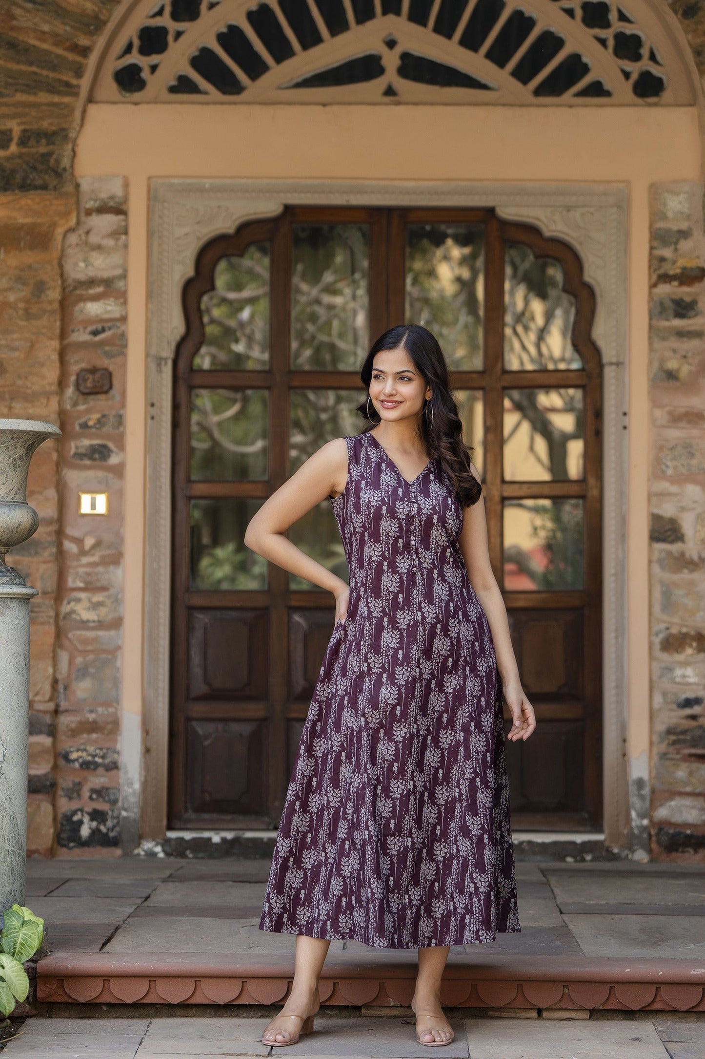 Women Burgundy Abstract Printed Sleeveless Midi Dress | LASVINI - Redefining Indian Fashion with Elegance