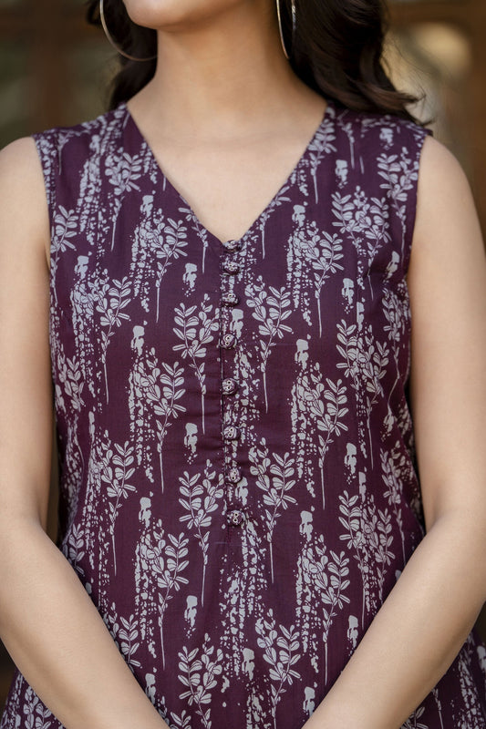 Women Burgundy Abstract Printed Sleeveless Midi Dress | LASVINI - Redefining Indian Fashion with Elegance