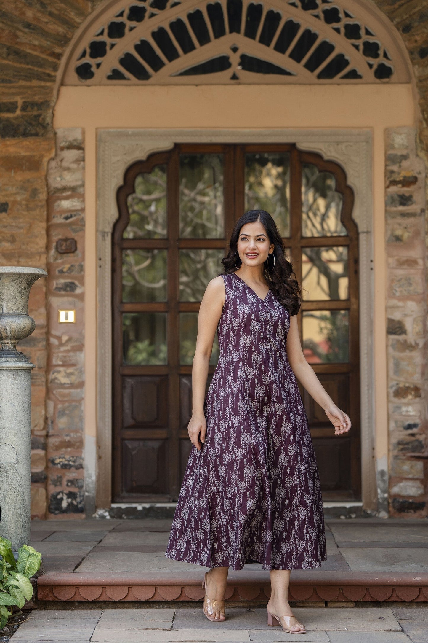 Women Burgundy Abstract Printed Sleeveless Midi Dress | LASVINI - Redefining Indian Fashion with Elegance