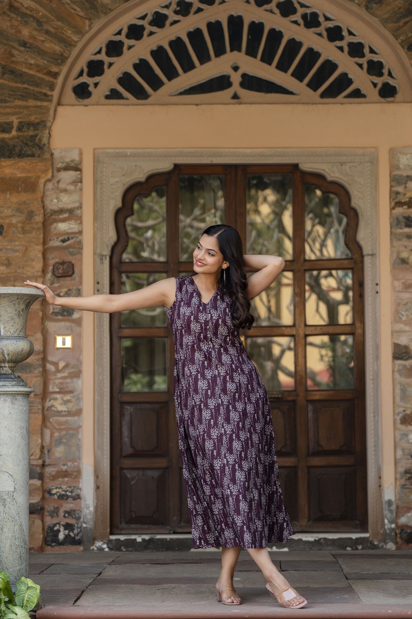 Women Burgundy Abstract Printed Sleeveless Midi Dress | LASVINI - Redefining Indian Fashion with Elegance