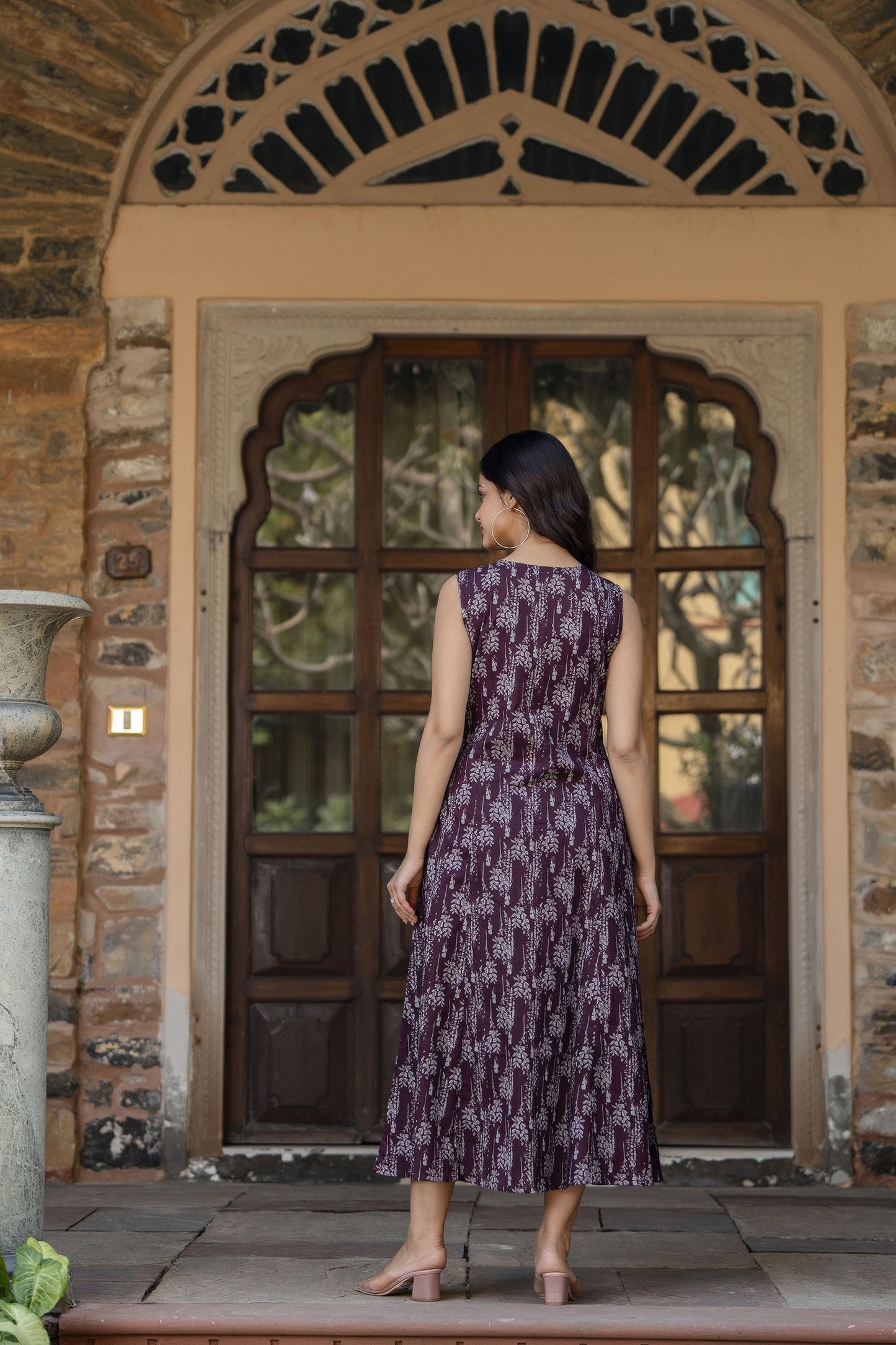 Women Burgundy Abstract Printed Sleeveless Midi Dress | LASVINI - Redefining Indian Fashion with Elegance