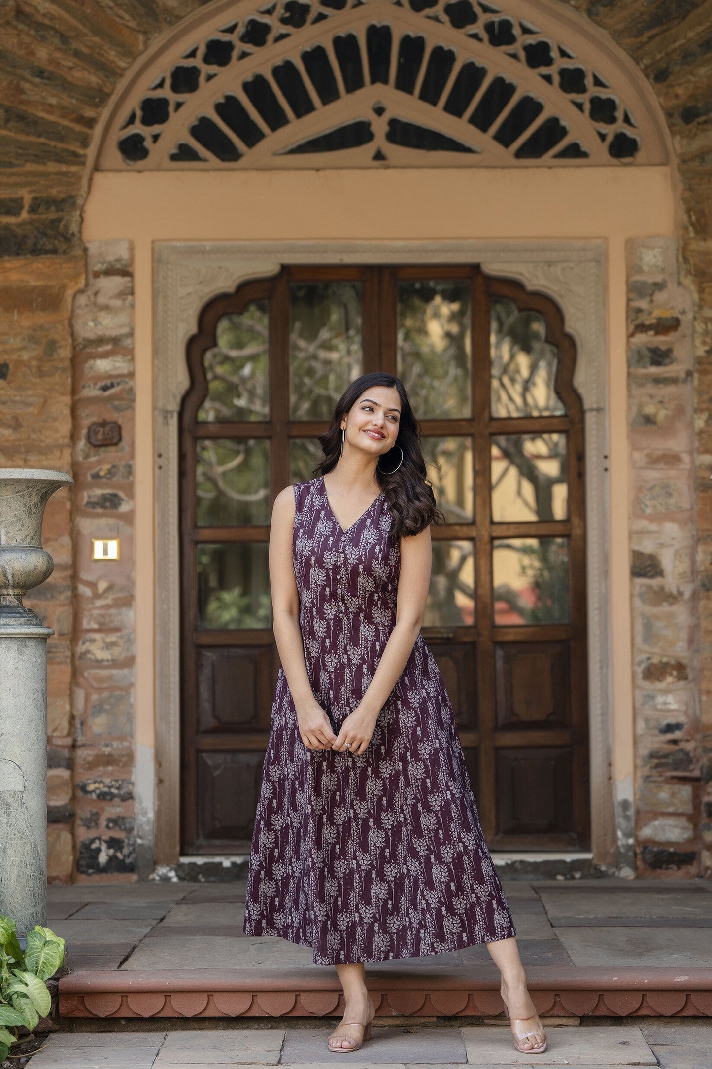 Women Burgundy Abstract Printed Sleeveless Midi Dress | LASVINI - Redefining Indian Fashion with Elegance