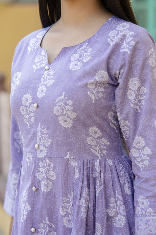 Women Purple Ethnic Printed Flared Dress | LASVINI - Redefining Indian Fashion with Elegance