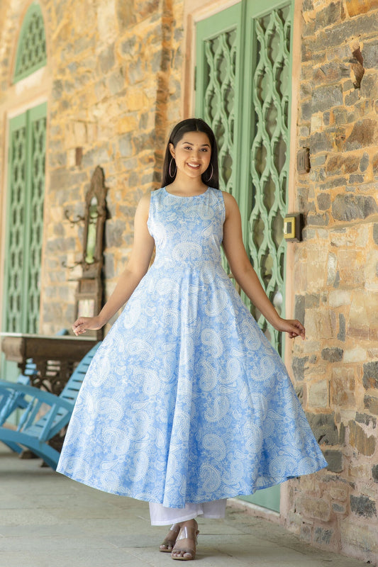 Women Blue Bandhani Printed Sleeveless Kurta | LASVINI - Redefining Indian Fashion with Elegance