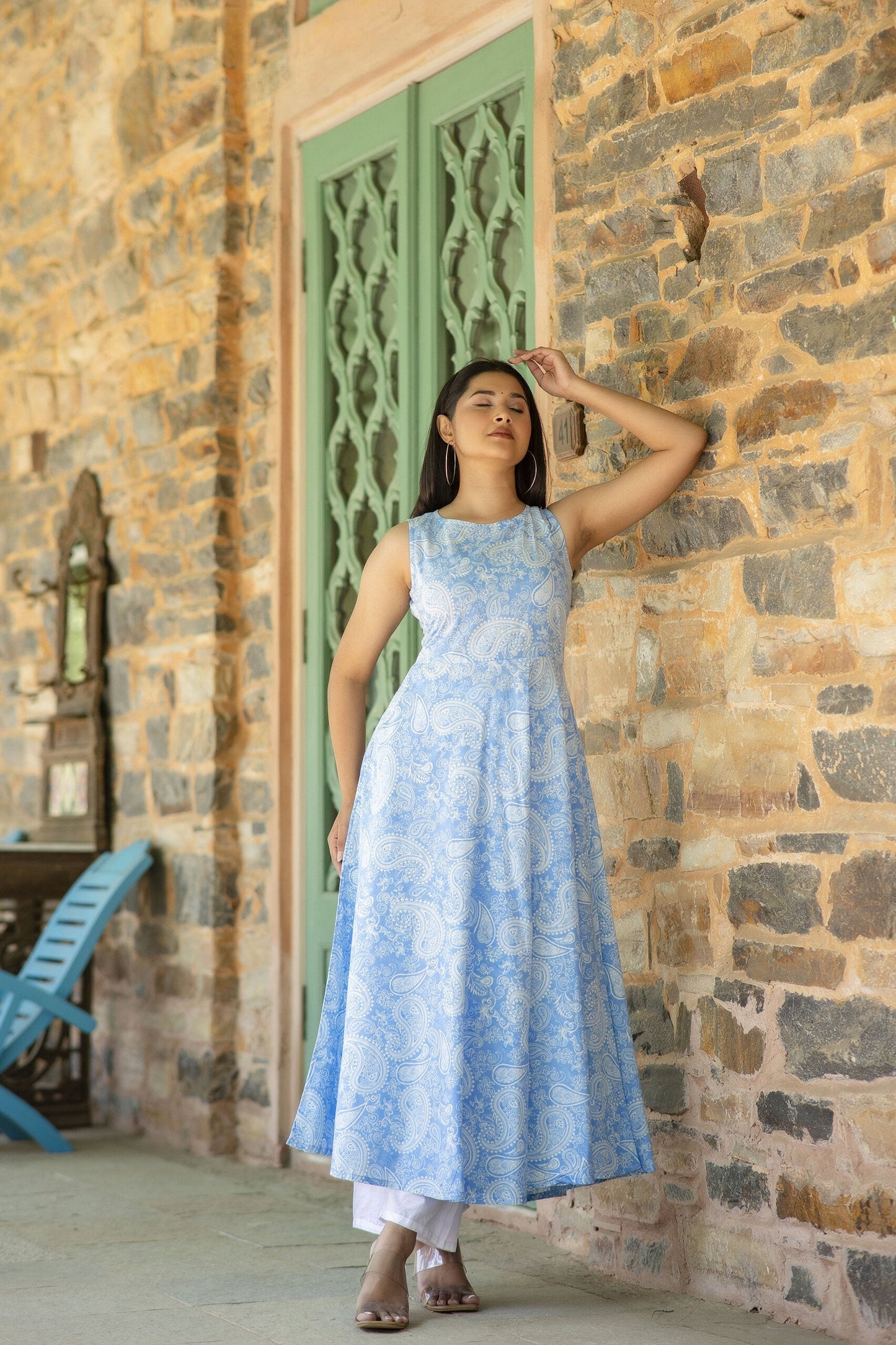 Women Blue Bandhani Printed Sleeveless Kurta | LASVINI - Redefining Indian Fashion with Elegance