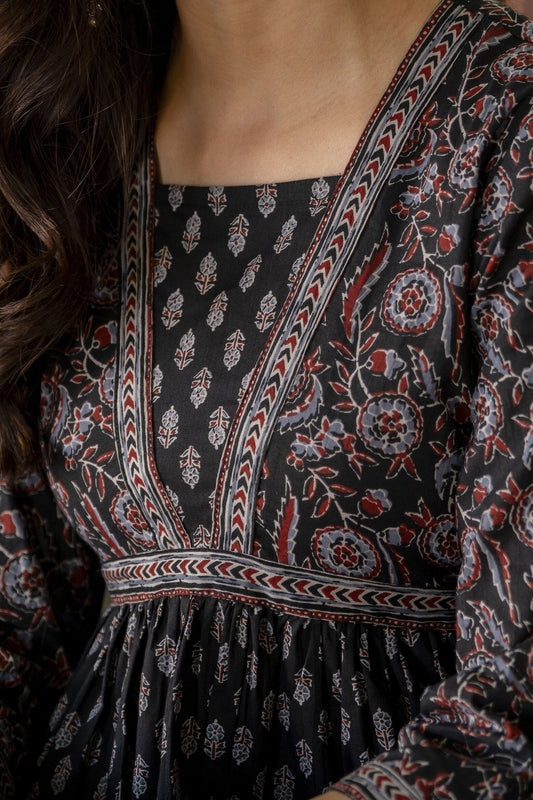 Women Black Ethnic Printed Flared Dress | LASVINI - Redefining Indian Fashion with Elegance