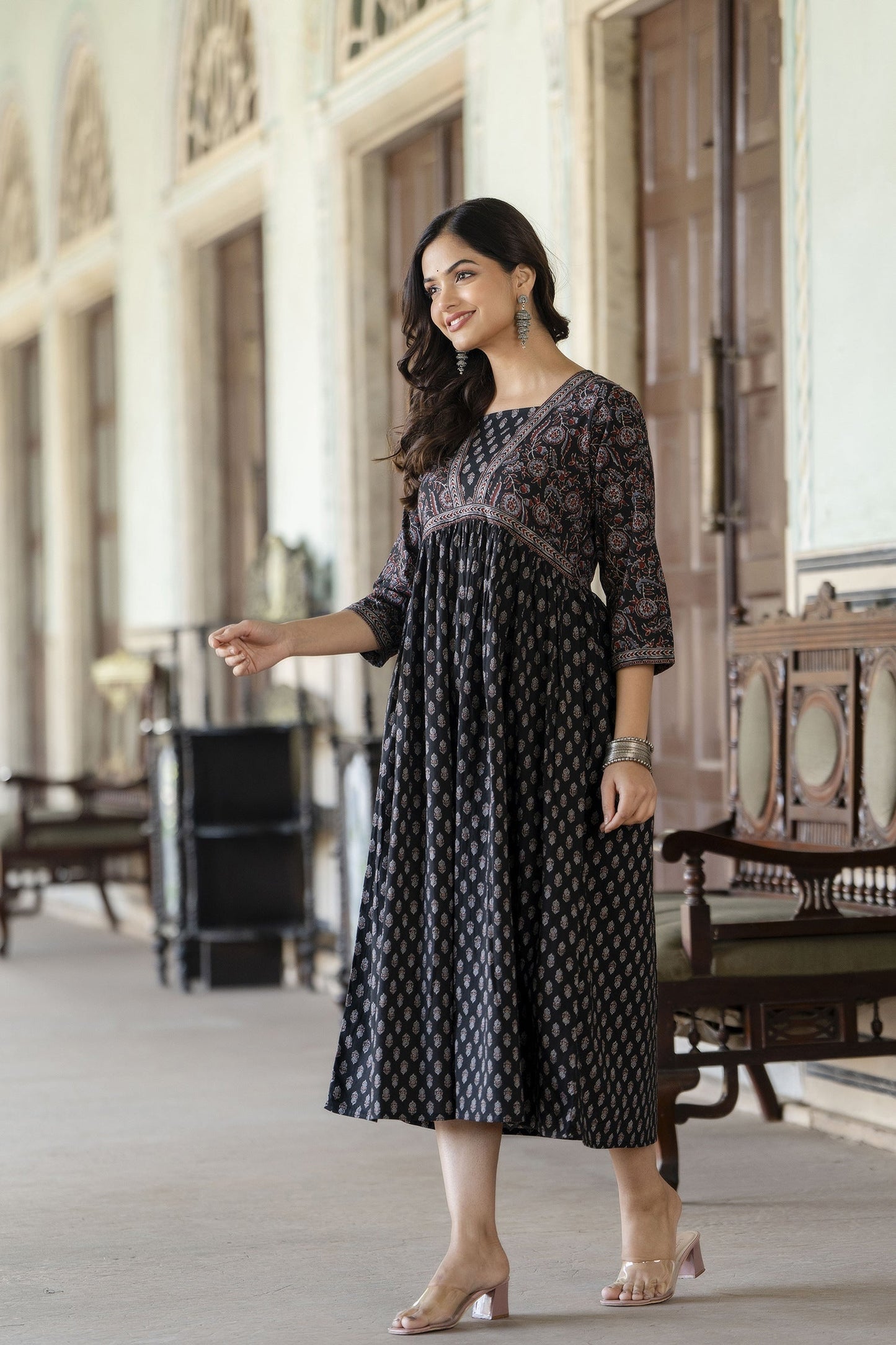 Women Black Ethnic Printed Flared Dress | LASVINI - Redefining Indian Fashion with Elegance
