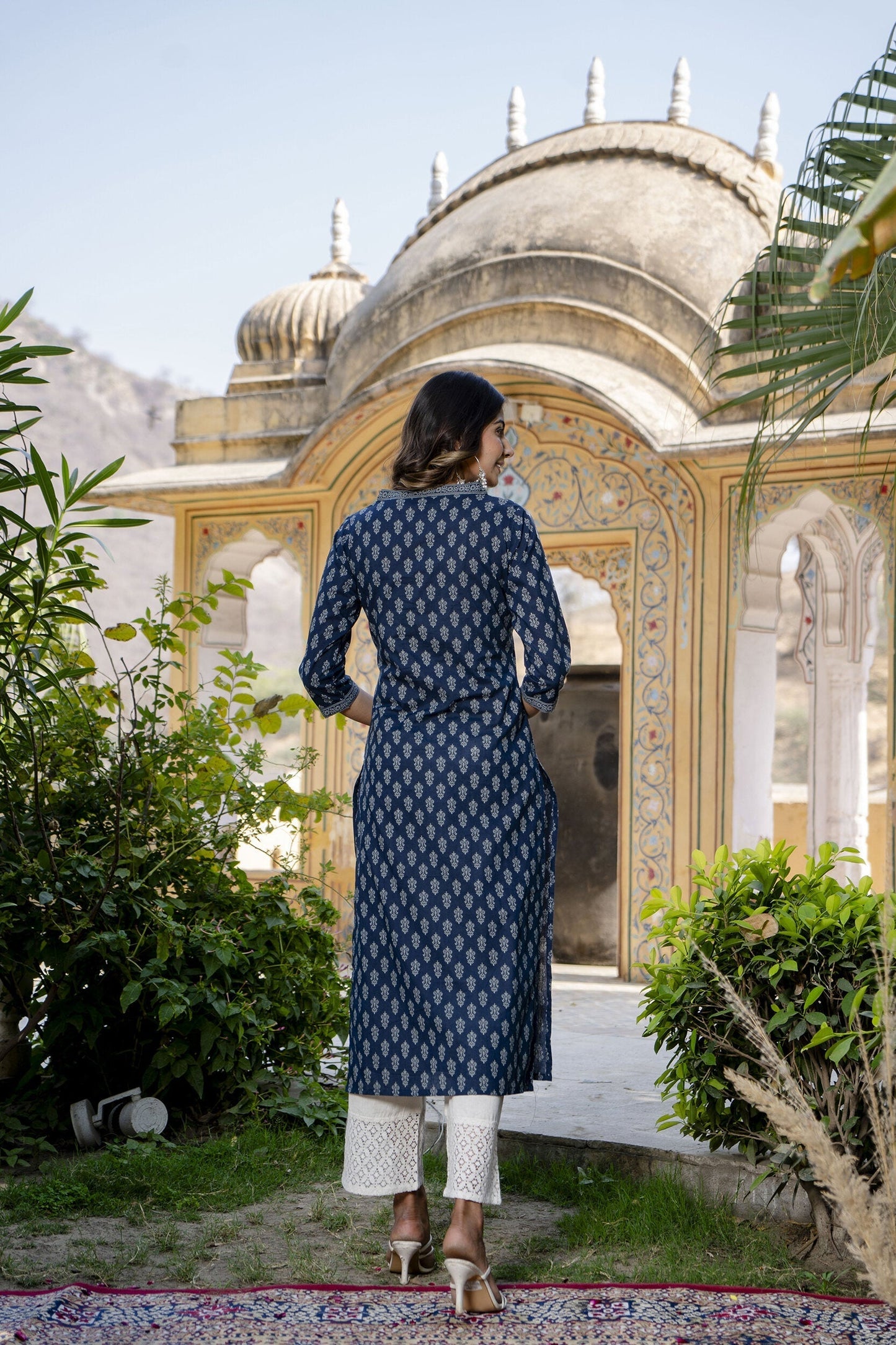 Women Blue Ethnic Printed Straight Kurta With Three Quarter Sleeves | LASVINI - Redefining Indian Fashion with Elegance