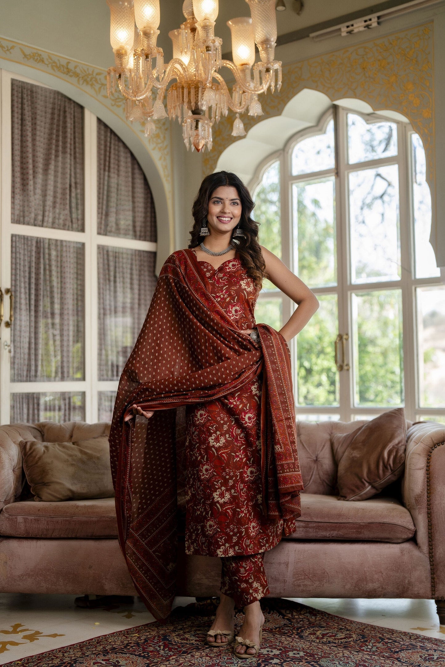 Women Rust Floral Printed Straight Kurta With Trouser And Dupatta | LASVINI - Redefining Indian Fashion with Elegance