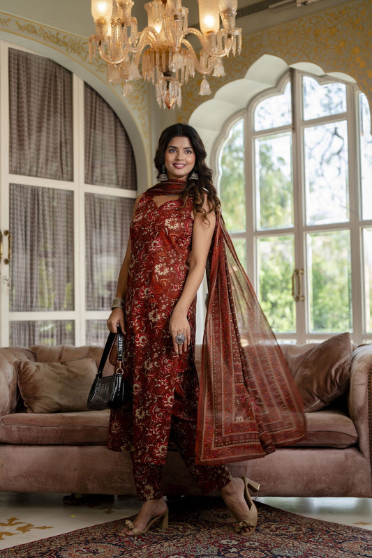 Women Rust Floral Printed Straight Kurta With Trouser And Dupatta | LASVINI - Redefining Indian Fashion with Elegance