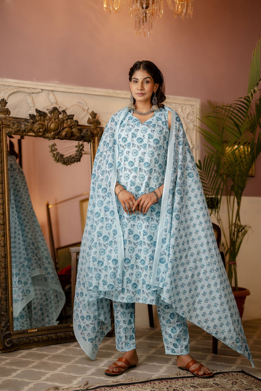 Women Aqua Blue Printed Straight Kurta With Trouser And Dupatta | LASVINI - Redefining Indian Fashion with Elegance