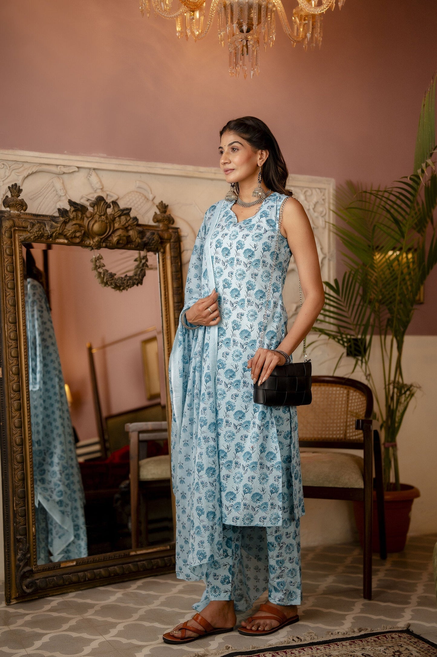 Women Aqua Blue Printed Straight Kurta With Trouser And Dupatta | LASVINI - Redefining Indian Fashion with Elegance