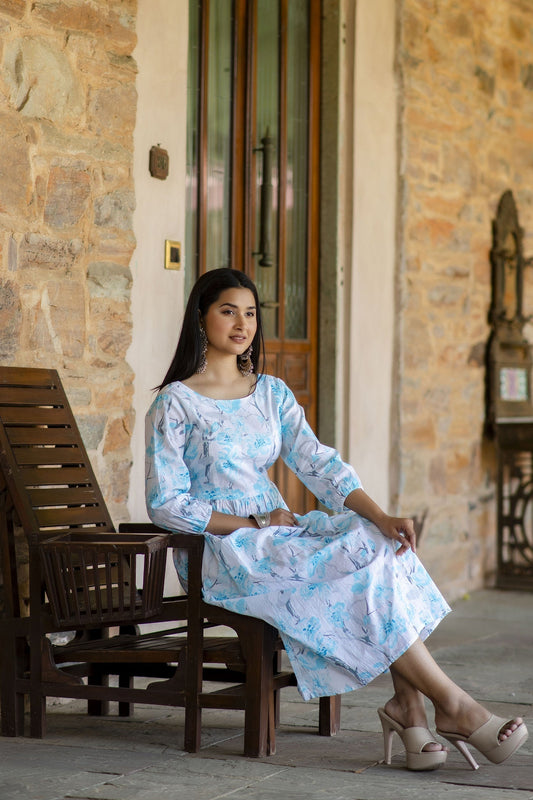 Women Off White Floral Printed Mini Dress | LASVINI - Redefining Indian Fashion with Elegance