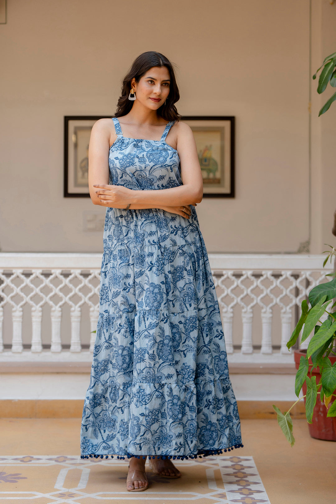 Women Blue Ethnic Printed Flared Dress | LASVINI - Redefining Indian Fashion with Elegance
