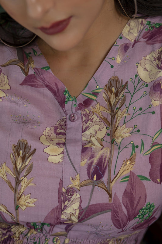 Women Mauve Ethnic Printed Flared Dress | LASVINI - Redefining Indian Fashion with Elegance