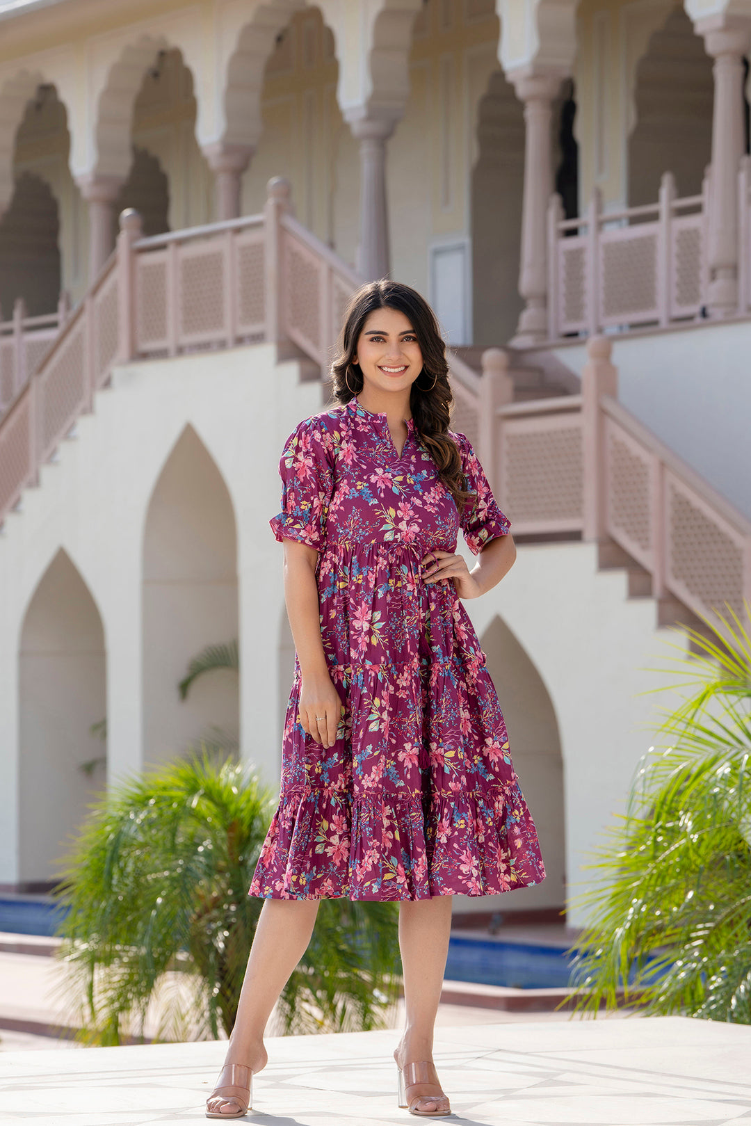 Women Burgundy Printed Flared Dress | LASVINI - Redefining Indian Fashion with Elegance