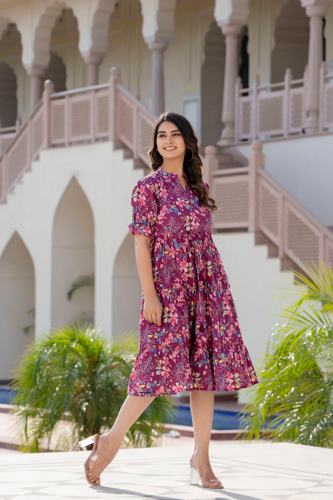 Women Burgundy Printed Flared Dress | LASVINI - Redefining Indian Fashion with Elegance