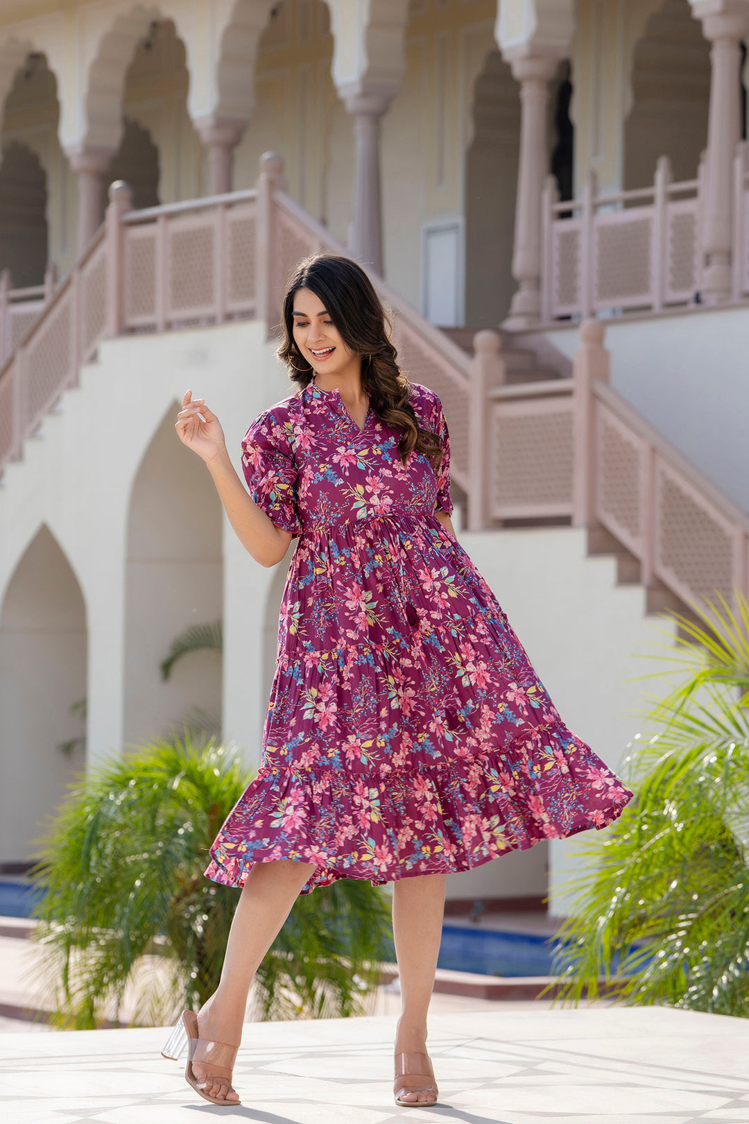 Women Burgundy Printed Flared Dress | LASVINI - Redefining Indian Fashion with Elegance