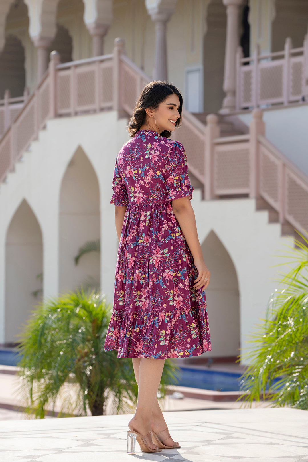 Women Burgundy Printed Flared Dress | LASVINI - Redefining Indian Fashion with Elegance