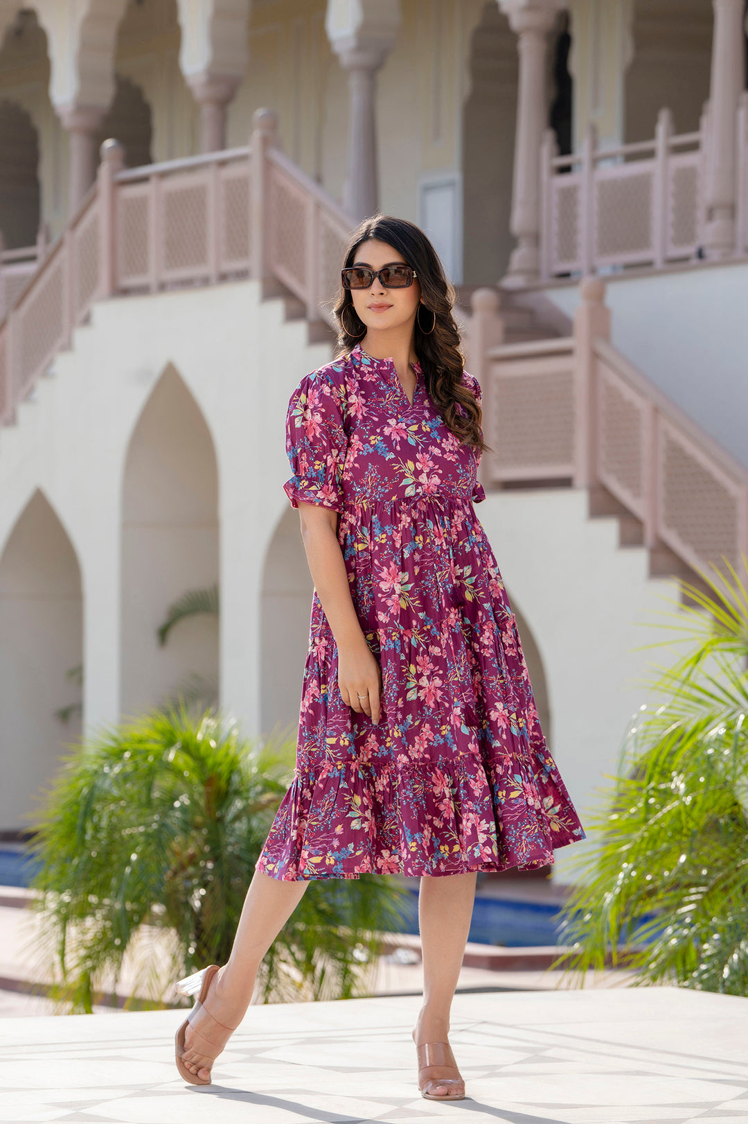 Women Burgundy Printed Flared Dress | LASVINI - Redefining Indian Fashion with Elegance