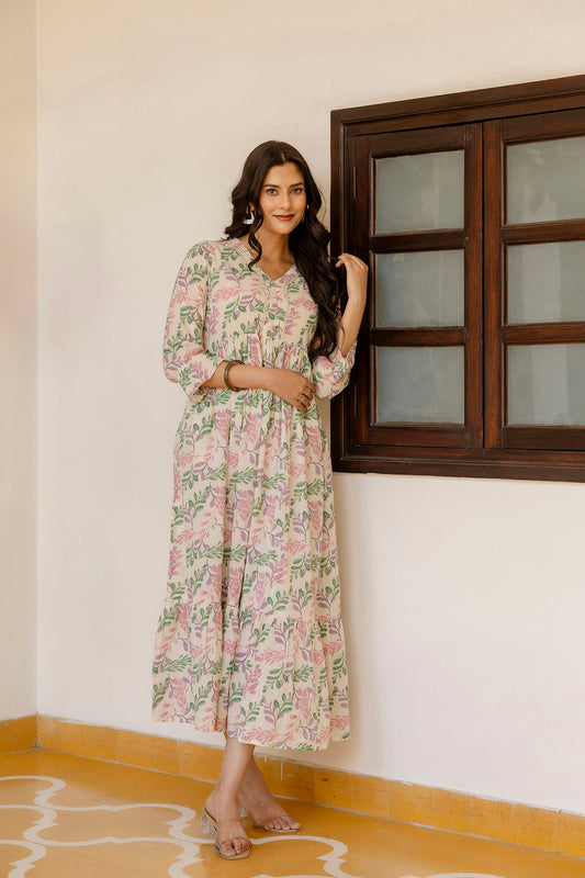 Women Off-White Floral Printed Flared Dress With Three Quarter Sleeves | LASVINI - Redefining Indian Fashion with Elegance