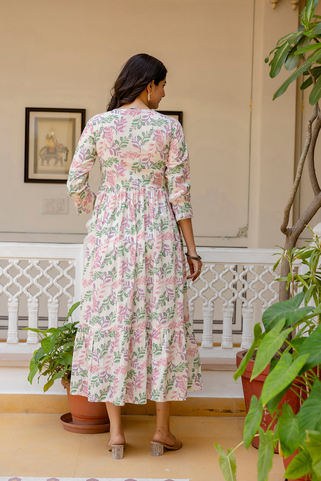 Women Off-White Floral Printed Flared Dress With Three Quarter Sleeves | LASVINI - Redefining Indian Fashion with Elegance