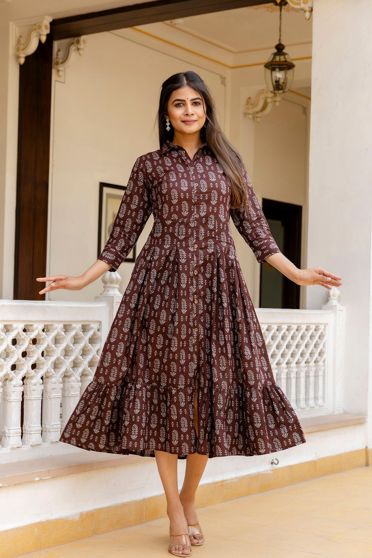 Women Brown Ethnic Printed Flared Dress | LASVINI - Redefining Indian Fashion with Elegance